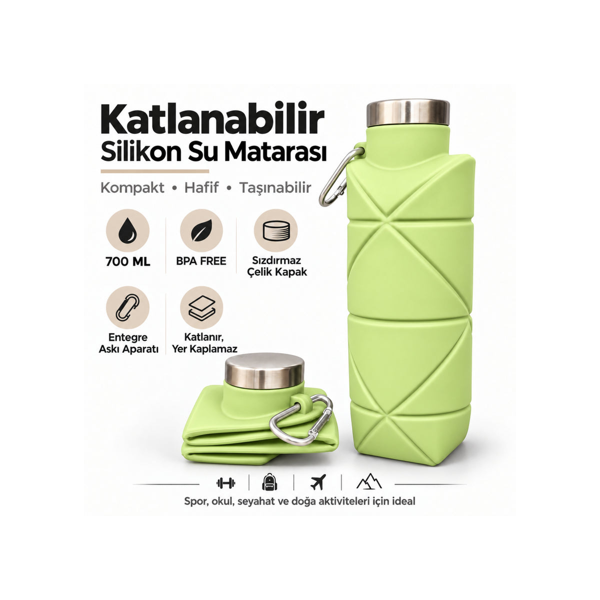 STAR TERMOS® | 700 ML Katlanabilir Silikon Su Matarası - Paslanmaz Çelik Sızdırmaz Kapaklı