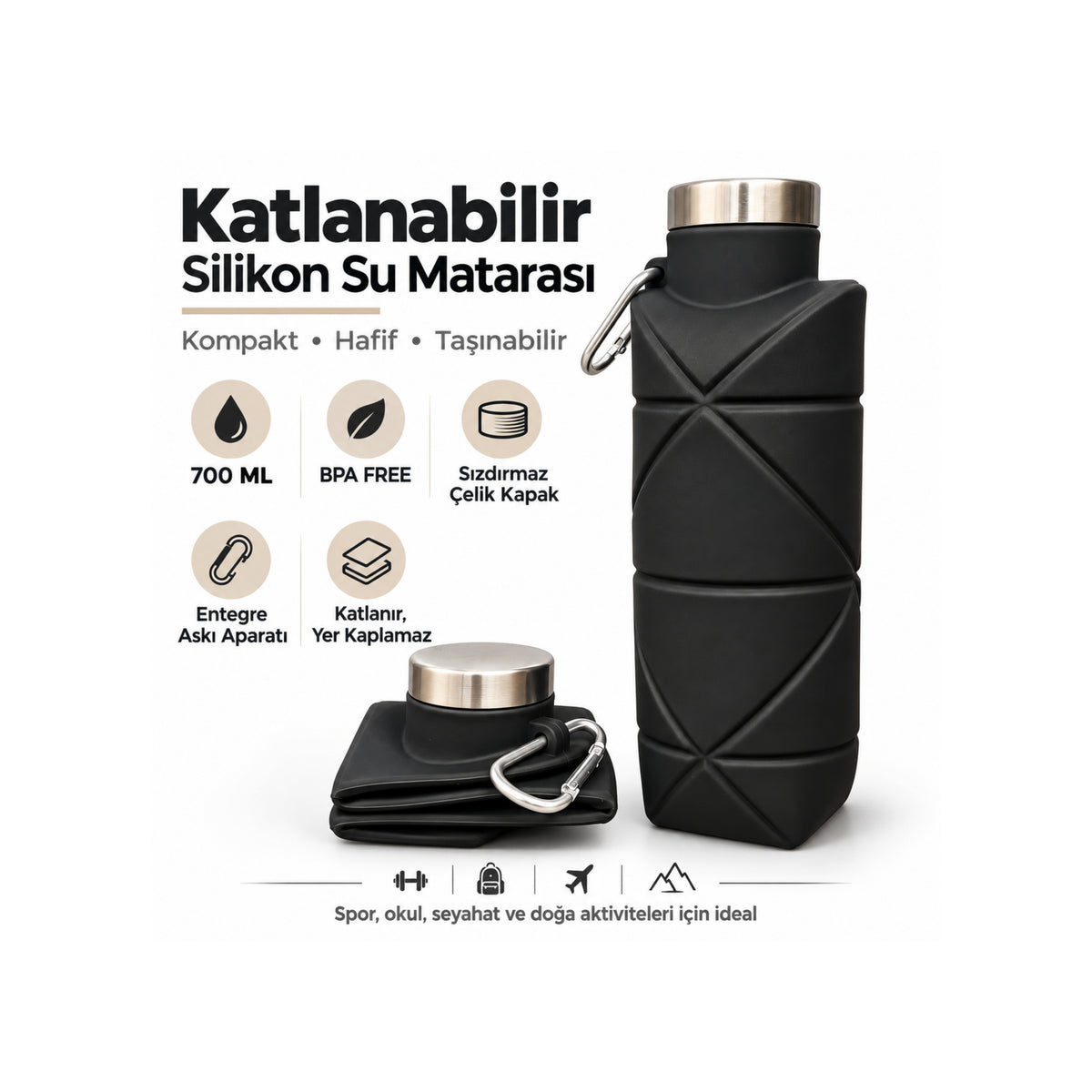 STAR TERMOS® | 700 ML Katlanabilir Silikon Su Matarası - Paslanmaz Çelik Sızdırmaz Kapaklı